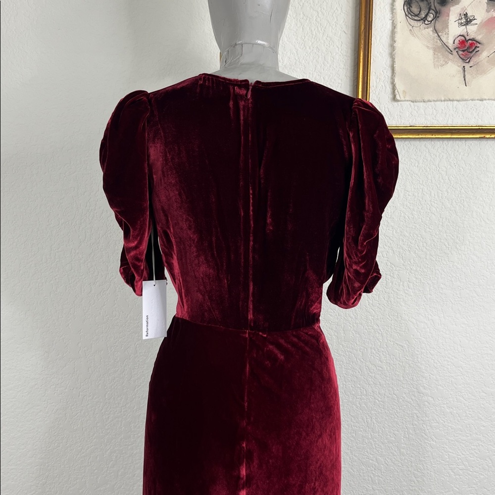 Reformation Malaga Velvet Dress in Chianti Lace Pouf Sleeve Plunge Neck Floor - Picture 9 of 14